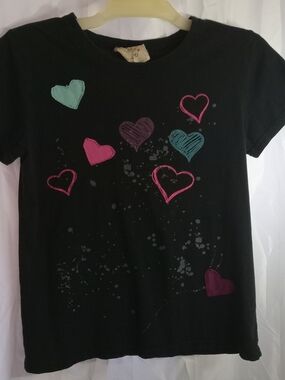 Vintage Scrapbook Black Tee with Pink, Teal & Purple Heart Motif